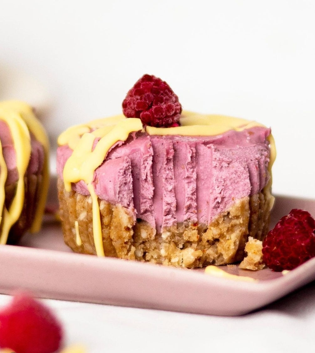White-chocolate & Raspberry Cashew Cheesecakes